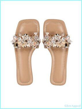 Rhinestone Clear Flower Decor Square Toe Flat Sandals